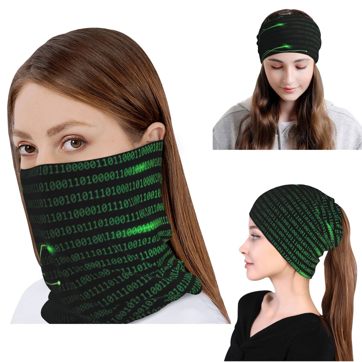 Knit Beanie Hat Warm - ผ้าห่มลายโค้ดไบนารีและผ้าพันคอฟลีซน้ำหนักเบา ผ้าปิดหน้า ผ้าพันคอ ผ้าคลุมไหล่ ผ้าพันคอสำหรับปั่นจักรยาน หมวกบีนนี่