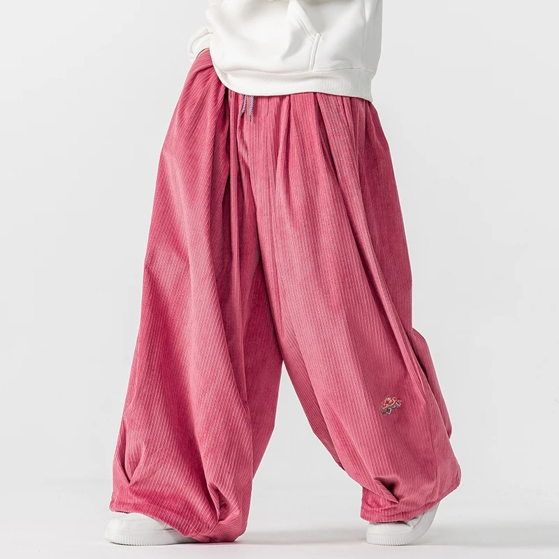 Corduroy Pant Warm - กางเกงขายาวคอร์ดูรอยทรงหลวมสไตล์ญี่ปุ่นสำหรับผู้ชาย ผ้าหนานุ่ม อุ่นสบาย แต่งลายปัก สไตล์ฮิปฮอป กางเกงสตรีทแวร์สำหรับผู้ชาย