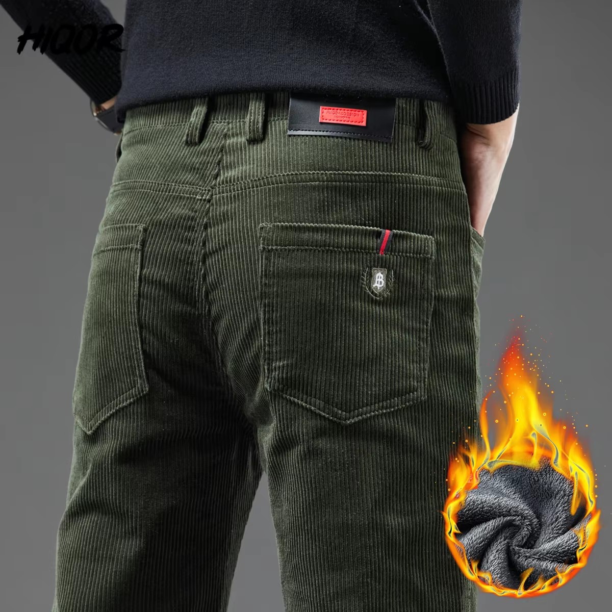 Corduroy Pant Warm - กางเกงขายาวผู้ชายผ้าลูกฟูกหนานุ่ม อุ่นสบาย สไตล์ธุรกิจ ทรงตรงลำลอง แฟชั่นเกาหลี ผ้าฟลีซสีเขียว