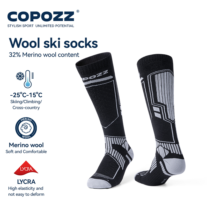 Thermal Sock Wool - ถุงเท้าสกีฤดูหนาว COPOZZ ทำจากขนแกะเมอริโน สำหรับผู้ชายและผู้หญิง ถุงเท้าสกีแบบยาวถึงเข่า ให้ความอบอุ่น