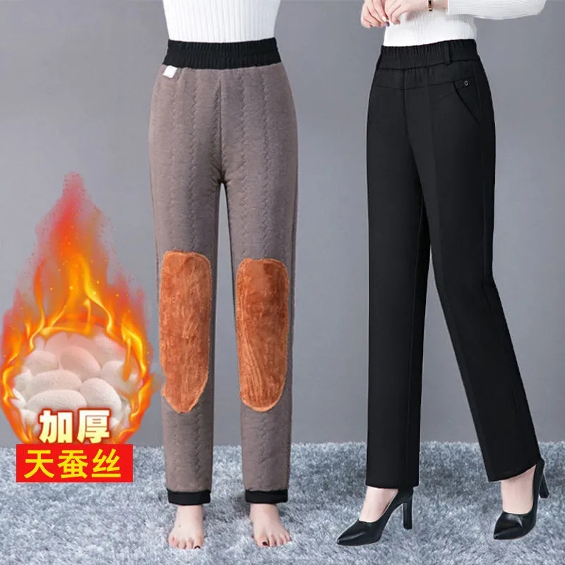 Corduroy Pant Warm - ตรงขากางเกงหญิงฤดูใบไม้ร่วง/ฤดูหนาว2022New ผู้หญิงสวมด้านนอกหลวม All-Match เอวกำมะหยี่สีดำผ้าฝ้ายหนาหนากางเกง