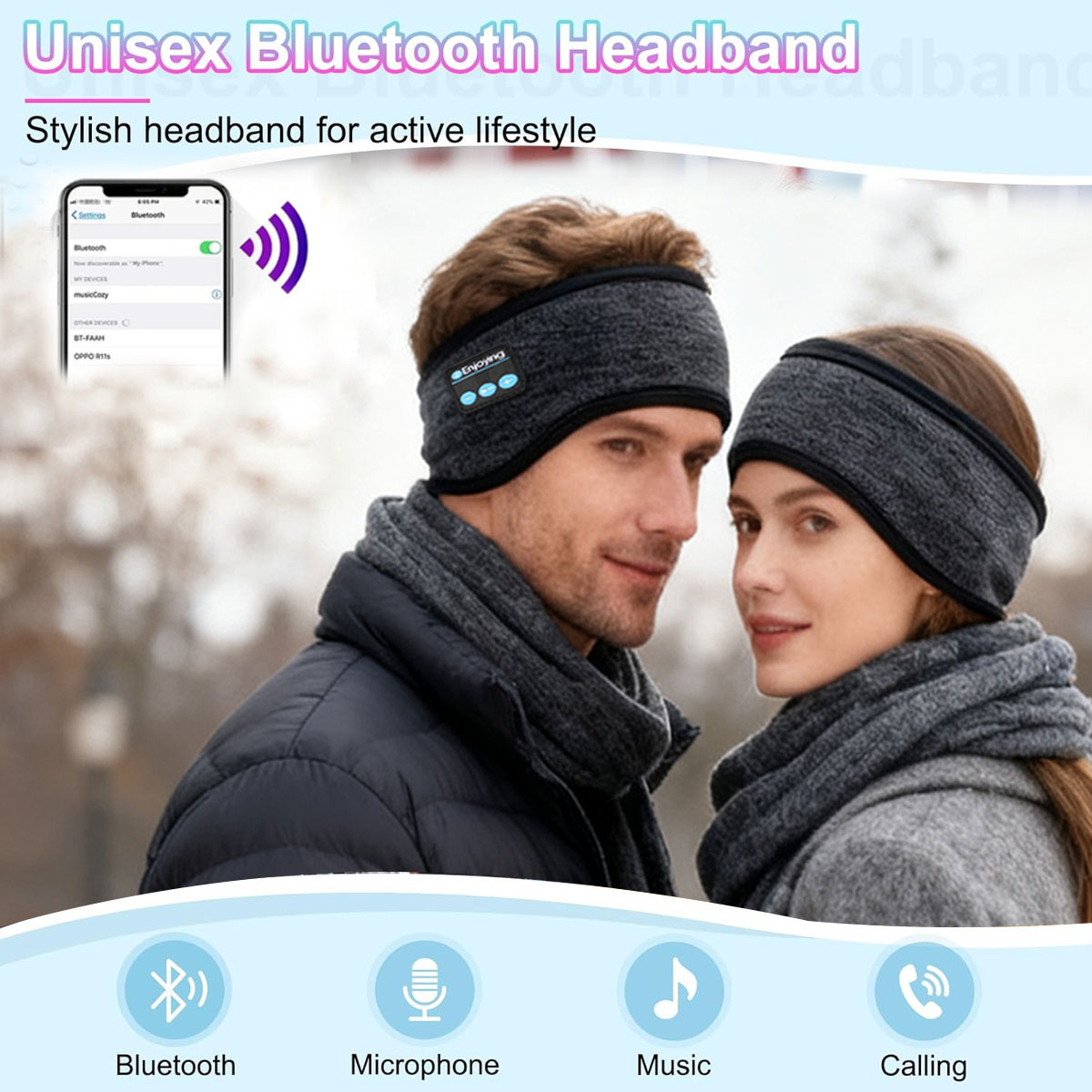 Winter Headband Fleece - หูฟังบลูทูธไร้สายแบบคาดศีรษะ สำหรับเล่นกีฬา ฟังเพลง ใช้ได้ทั้งชายและหญิง ที่ปิดหูสำหรับฤดูหนาว พร้อมไมโครโฟน
