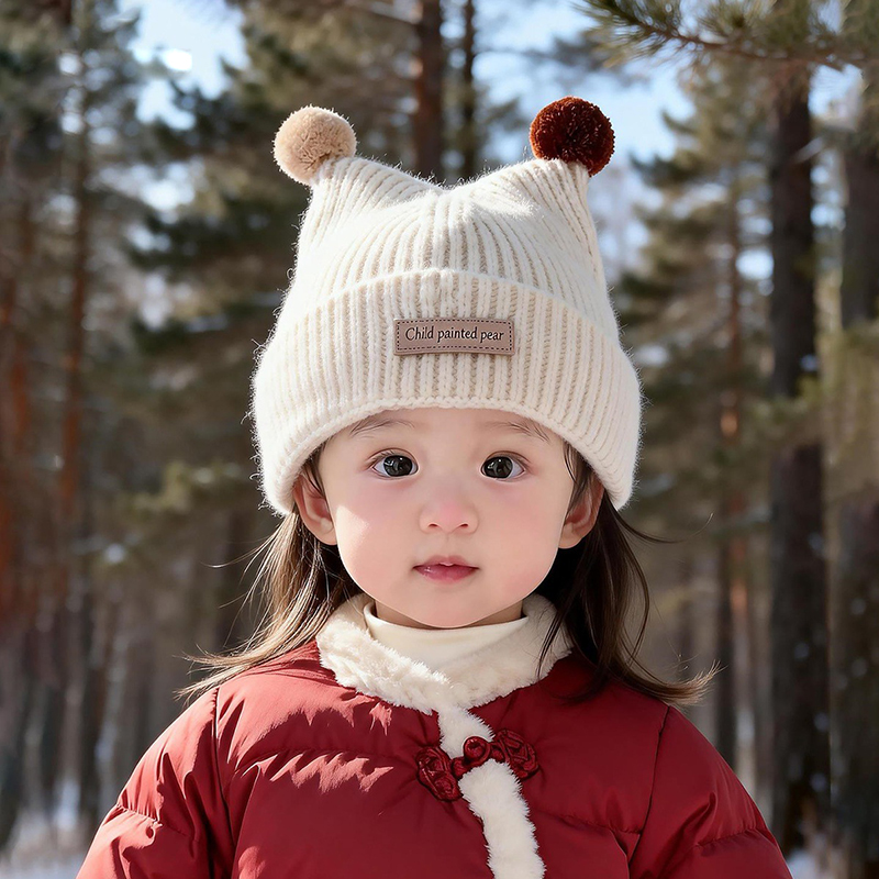 Knit Beanie Hat Warm - หมวกไหมพรมเด็กอายุ 1-4 ปี น่ารัก ตกแต่งด้วยลูกบอลขนปุยสองลูก ป้องกันความหนาว