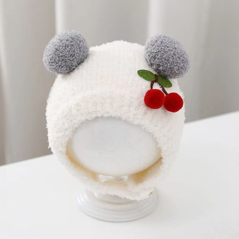 Knit Beanie Hat Warm - หมวกไหมพรมเด็กอ่อนสำหรับฤดูหนาว ลายเชอร์รี่น่ารัก ป้องกันหู สำหรับเด็กอายุ 3-24 เดือน