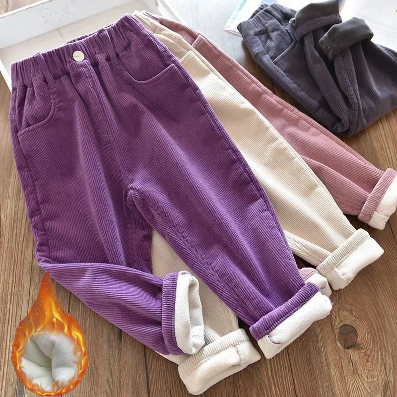 Corduroy Pant Warm - กางเกงผ้าลูกฟูกสำหรับเด็กผู้หญิง กางเกงขายาวบุขนหนานุ่มสำหรับฤดูหนาว ดีไซน์ใหม่ทันสมัย เสื้อผ้าสำหรับอากาศหนาวเย็น สำหรับเด็กอายุ 2-9